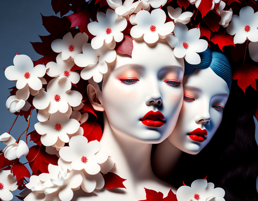 Artistic portrayal of two women with pale skin, red lips, amidst white flowers and red leaves.