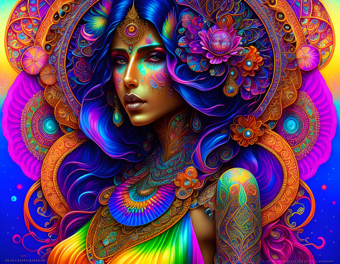 Colorful digital art: Blue-skinned woman with intricate patterns on psychedelic background