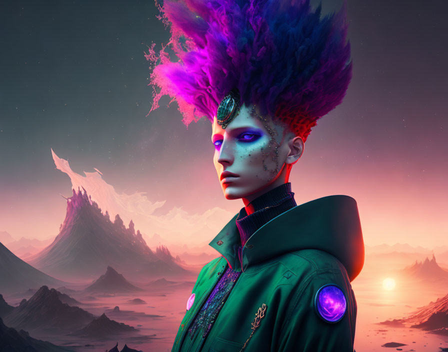 Purple-skinned futuristic person with punk hairdo and green jacket in pink mountain sunset.