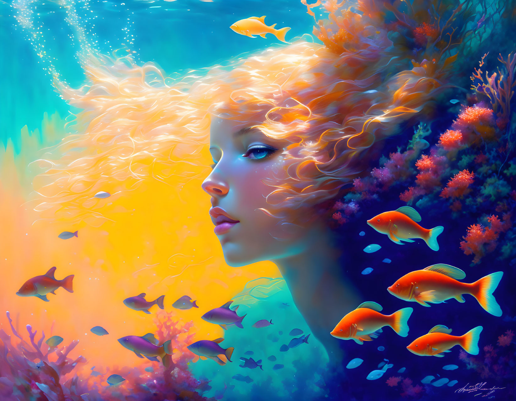 Colorful artwork: Woman with coral reef hair, orange fish, underwater flora