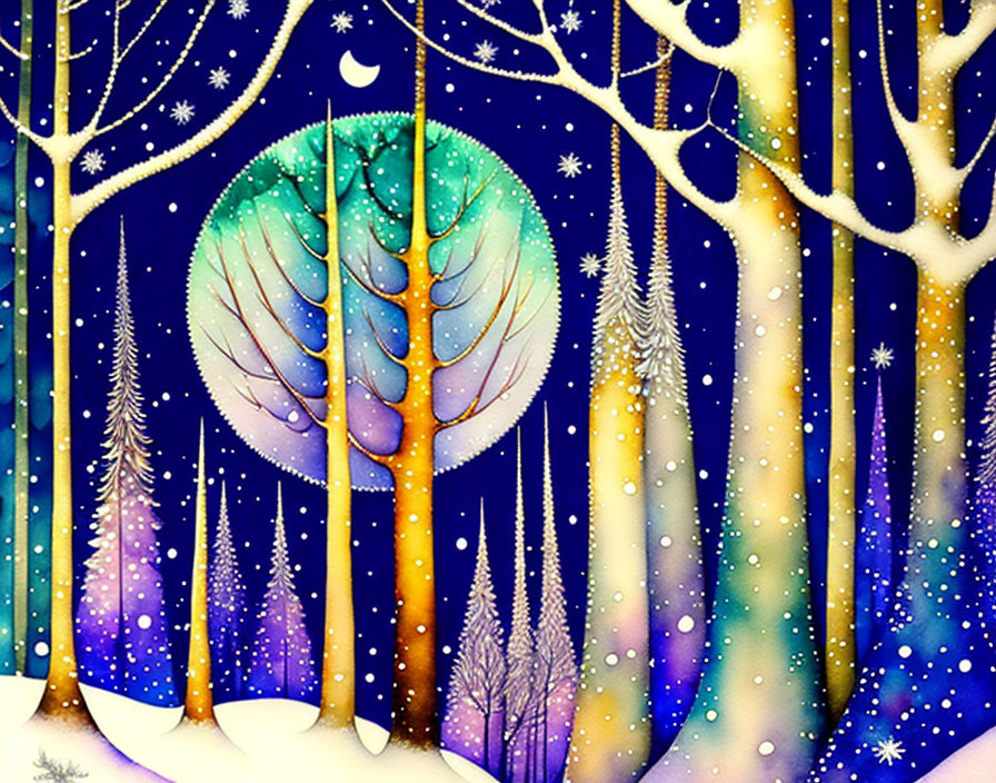 Whimsical winter forest illustration with stylized trees and crescent moon