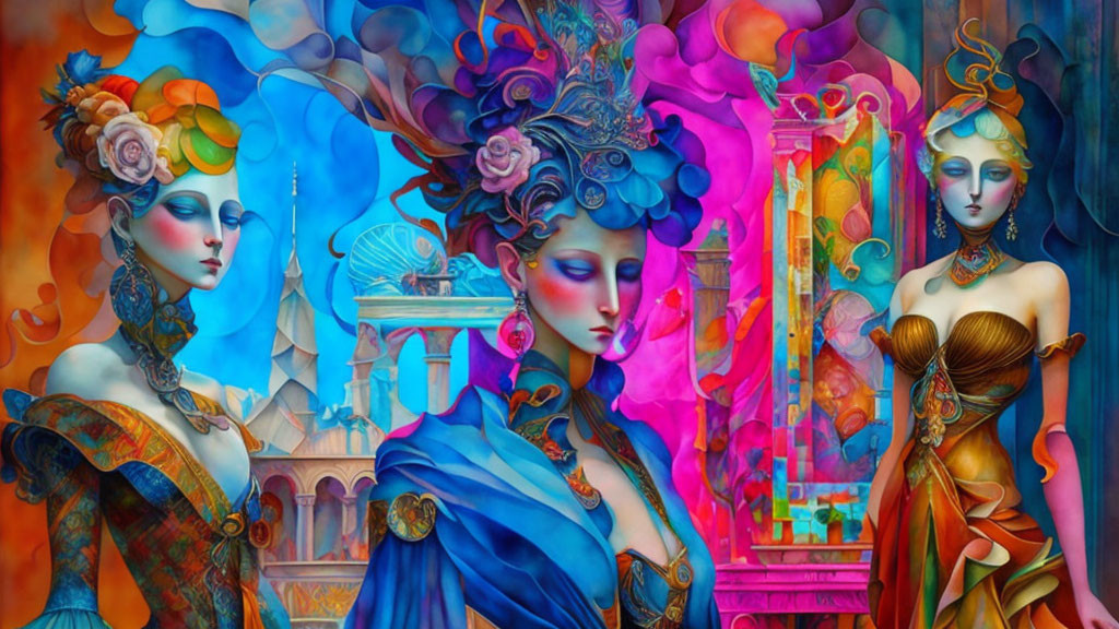 Stylized female figures with ornate costumes in vibrant fantasy setting