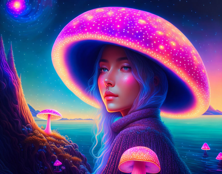 Surreal portrait: Woman with luminous mushroom hat in vibrant nightscape