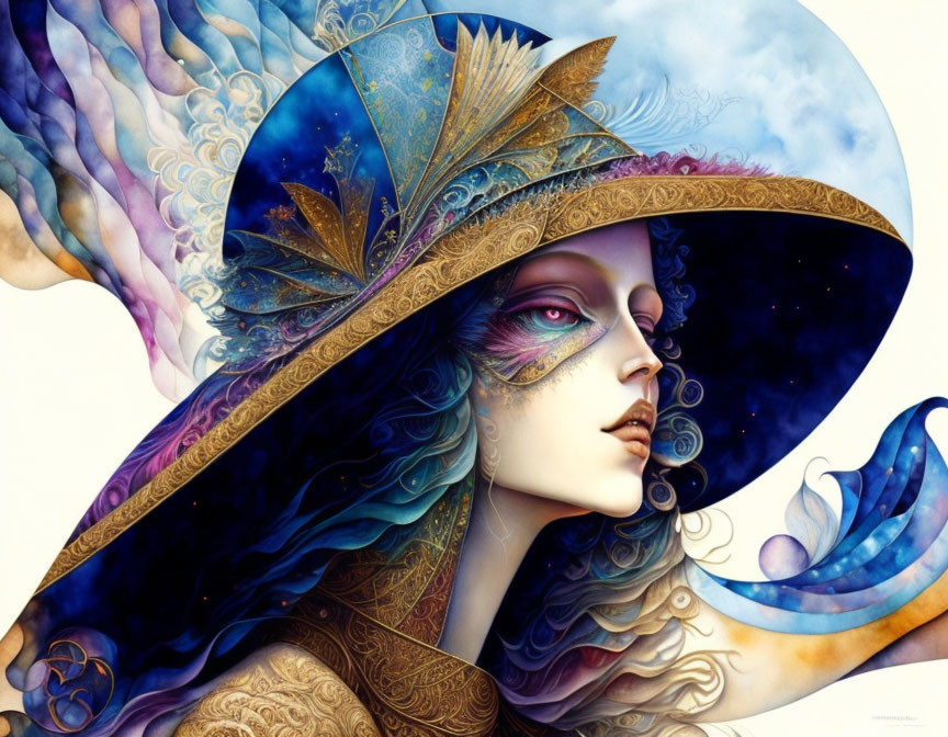 Woman with cosmic and floral elements in wide-brimmed hat and flowing hair