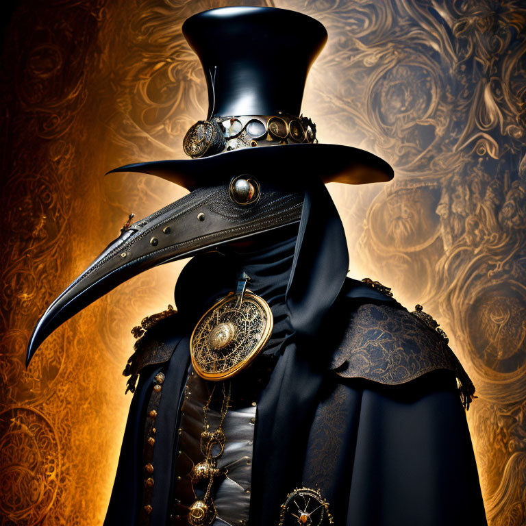 Steampunk plague doctor costume with beaked mask, top hat, gears, and clocks.