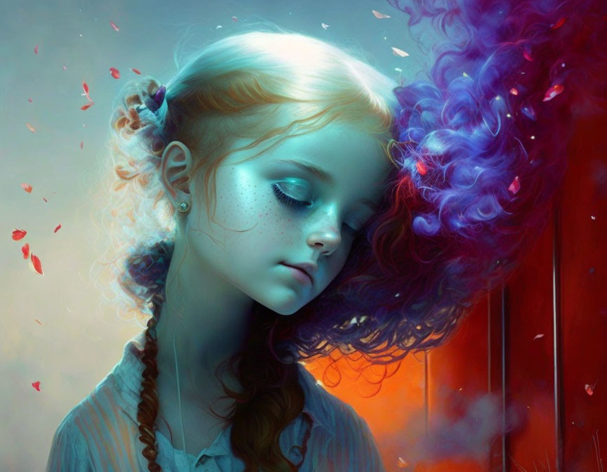 Vividly colored digital artwork of a girl with closed eyes