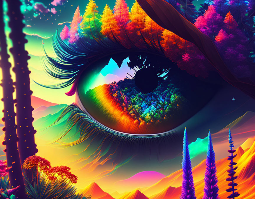 Colorful Eye Reflecting Forest Landscape with Twilight Sky