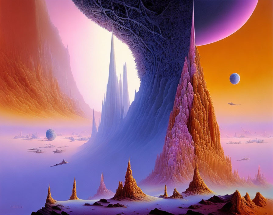 Alien landscape with towering rocks, moons, surreal sky, and spaceships under arch.
