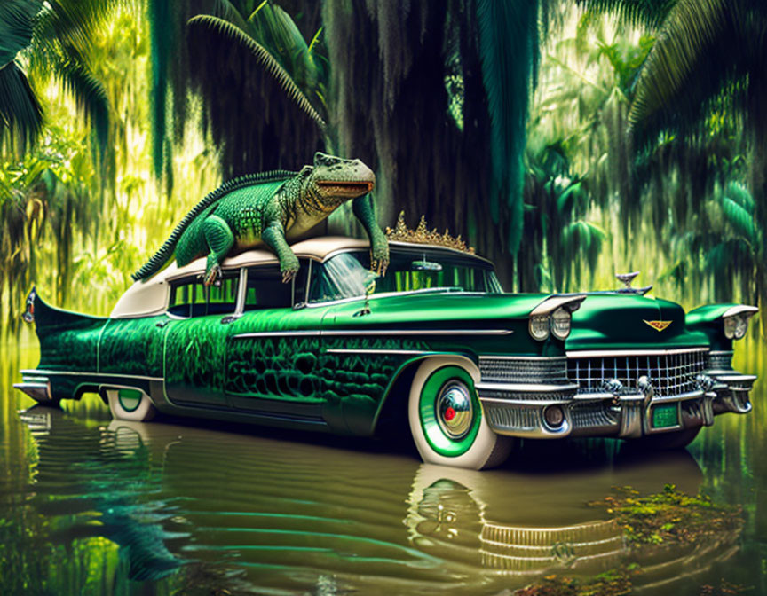 Green Classic Car with Scale-Like Patterns in Lush Jungle with Alligator