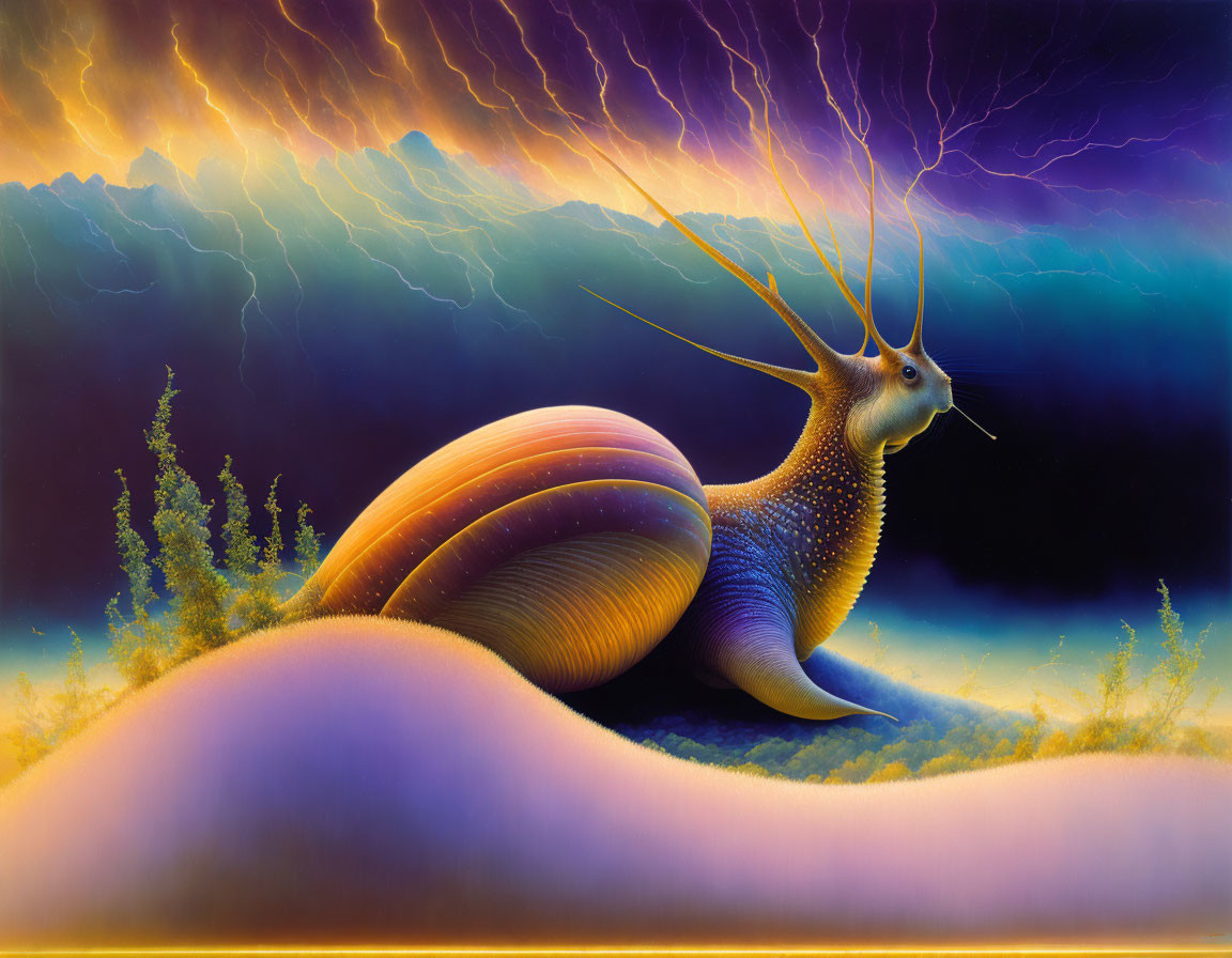 Surreal artwork: snail with antelope head and stormy skies