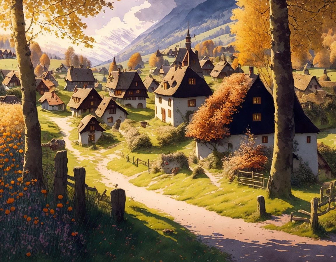 Scenic autumn village with thatched-roof houses and mountain backdrop