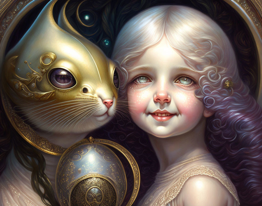 Young girl with curly hair and fantastical cat in ornate mask and armor with luminous eyes