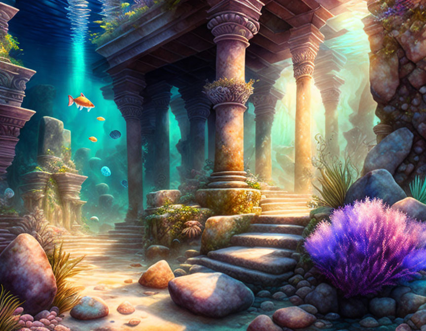 Sunlit underwater ruins with fish, columns, coral, and rocks
