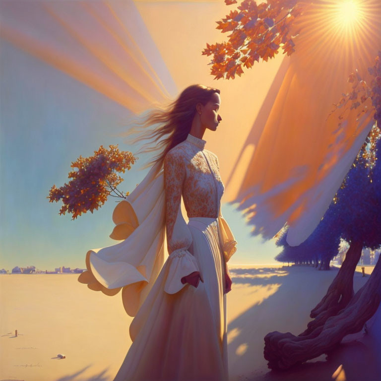 Woman in elegant dress surrounded by swirling leaves under sun rays