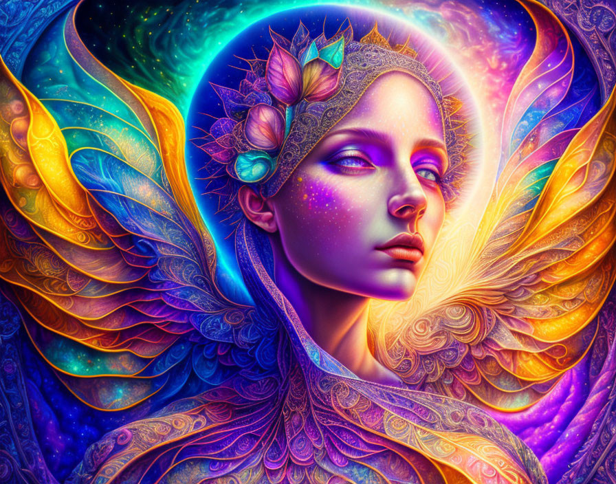 Colorful digital artwork: Woman with wing-like designs, cosmic elements, blending nature and fantasy themes.