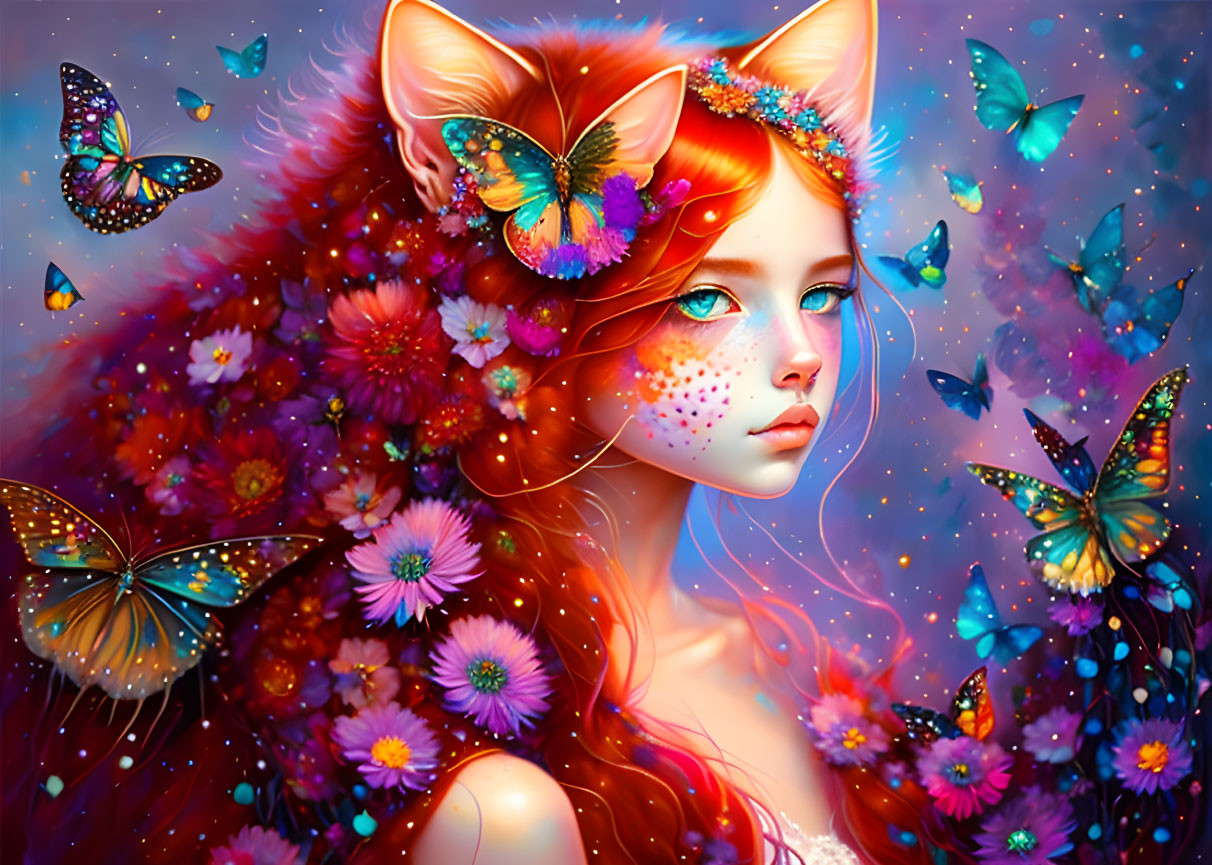 Fantasy portrait of girl with fox ears and butterflies in blue background