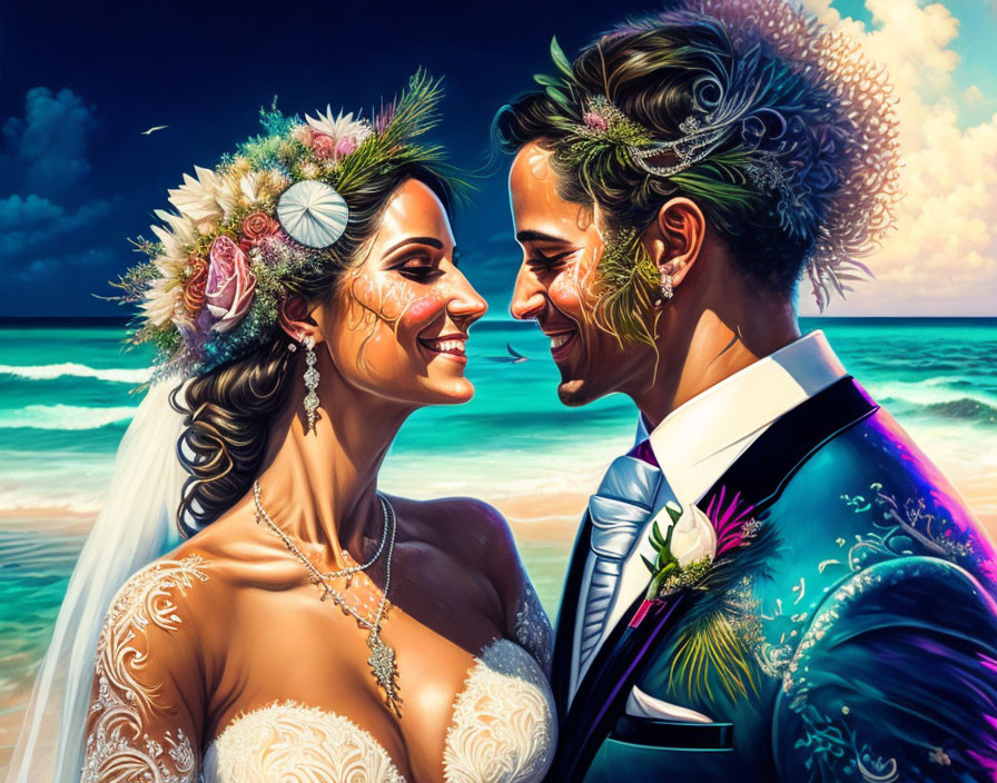 Romantic couple in wedding attire on sunny beach with blue skies & sea