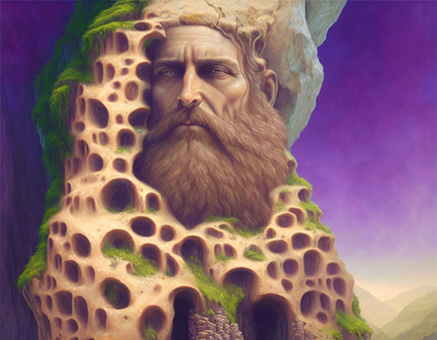 Illustration: Bearded giant's face merges with porous mountain