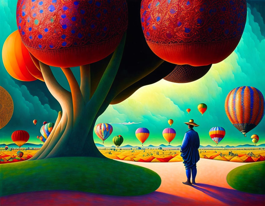 Colorful hot air balloons over surreal landscape with patterned trees