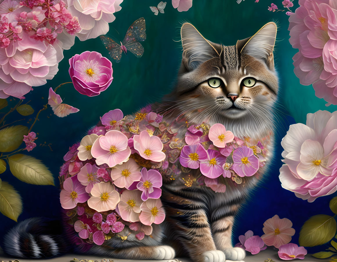 Tabby cat with pink flowers and butterfly on teal background