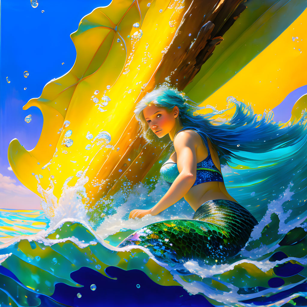 Colorful mermaid art with shimmering tail and blue hair in ocean waves