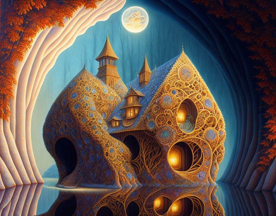 Ornate fantasy castle in moonlit forest