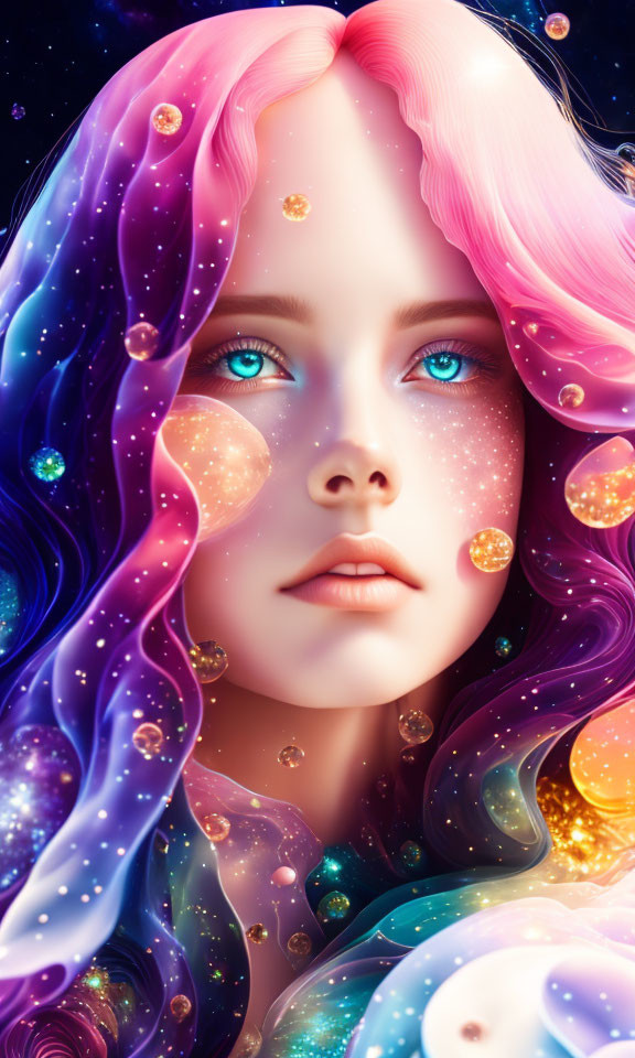 Vibrant multicolored hair in cosmic digital portrait