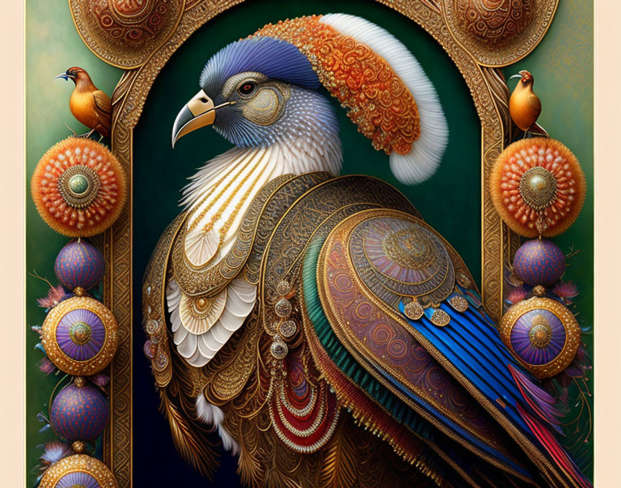 Detailed peacock illustration in decorative frame, vibrant colors & intricate patterns