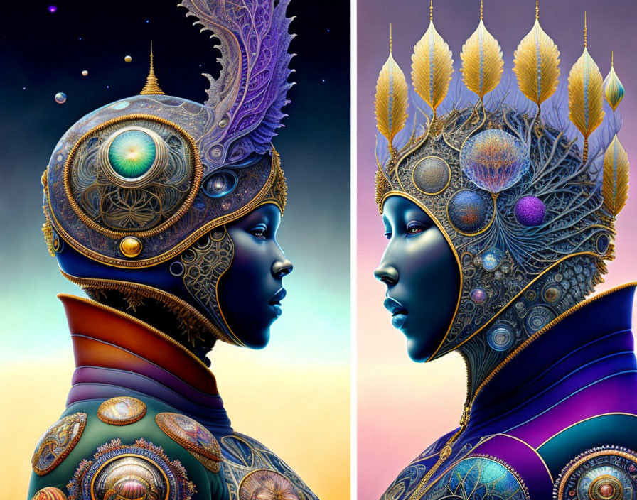 Elaborate cosmic-themed headdresses on woman profiles