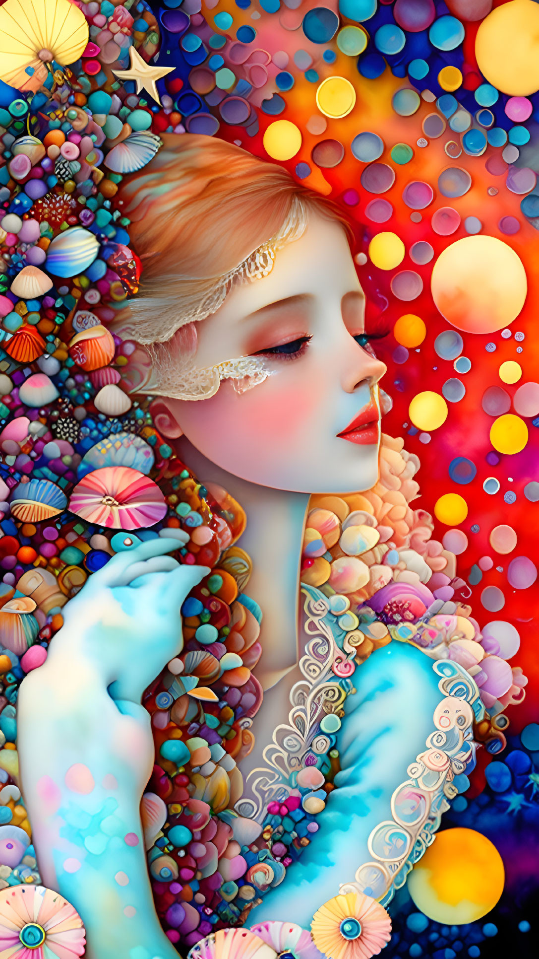 Colorful Digital Artwork: Woman with Ornate Accessories in Abstract Bubble and Seashell Pattern