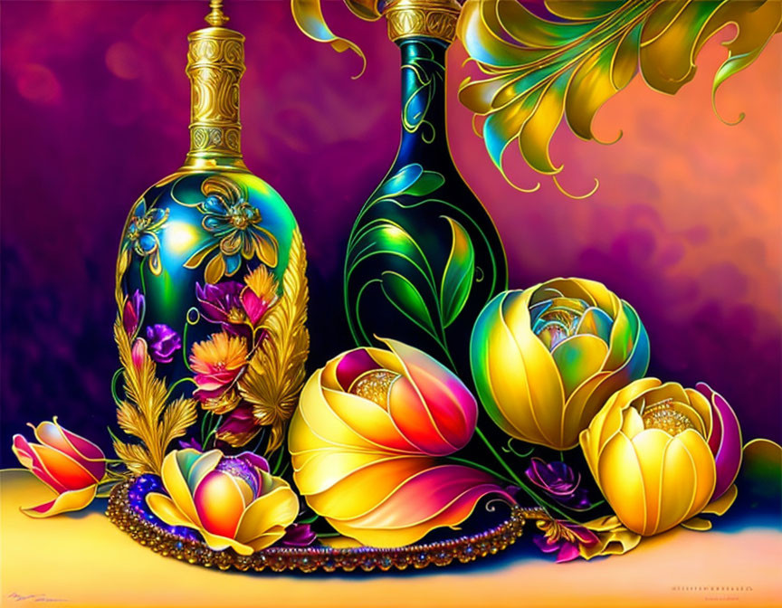 Colorful still life painting with ornate bottles and stylized flowers on gradient background