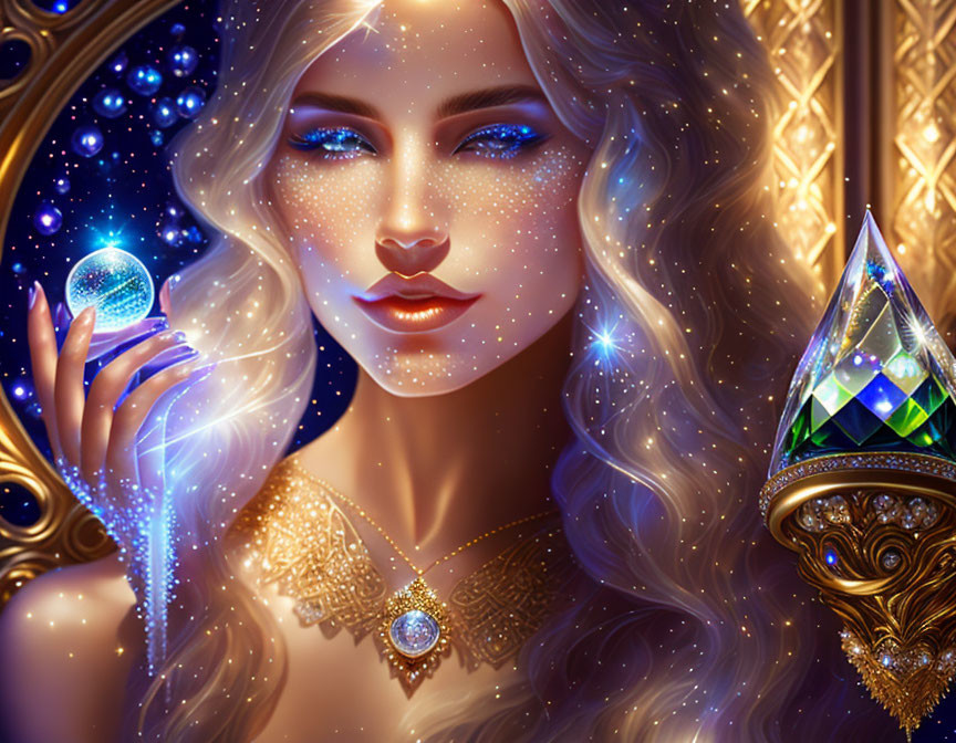 Fantastical woman with glowing skin and celestial orb in ornate golden setting