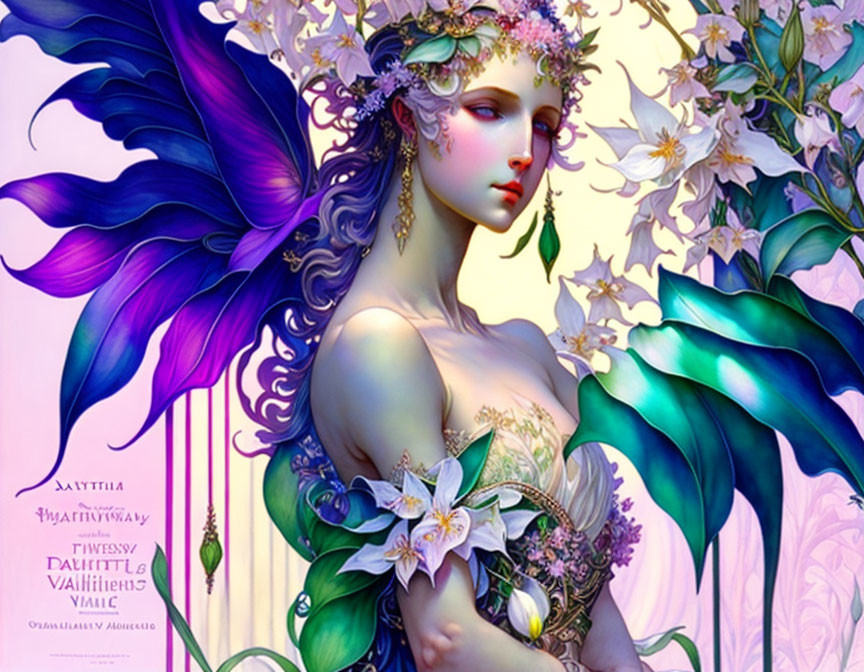 Colorful winged female character in intricate floral setting