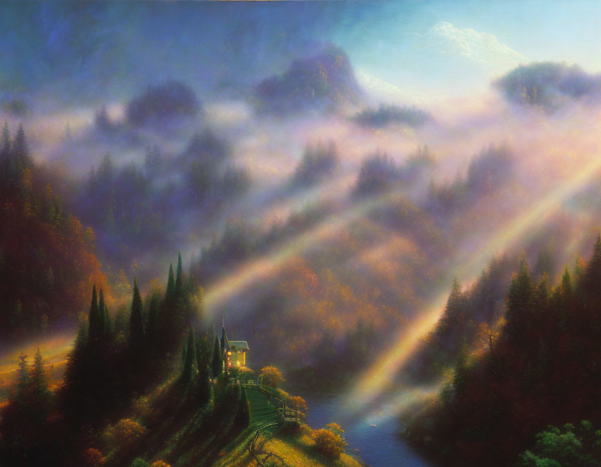 Scenic landscape with mist, house by river, mountains