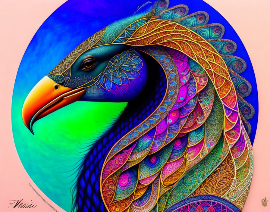 Vibrant stylized eagle with intricate feather patterns on pink background