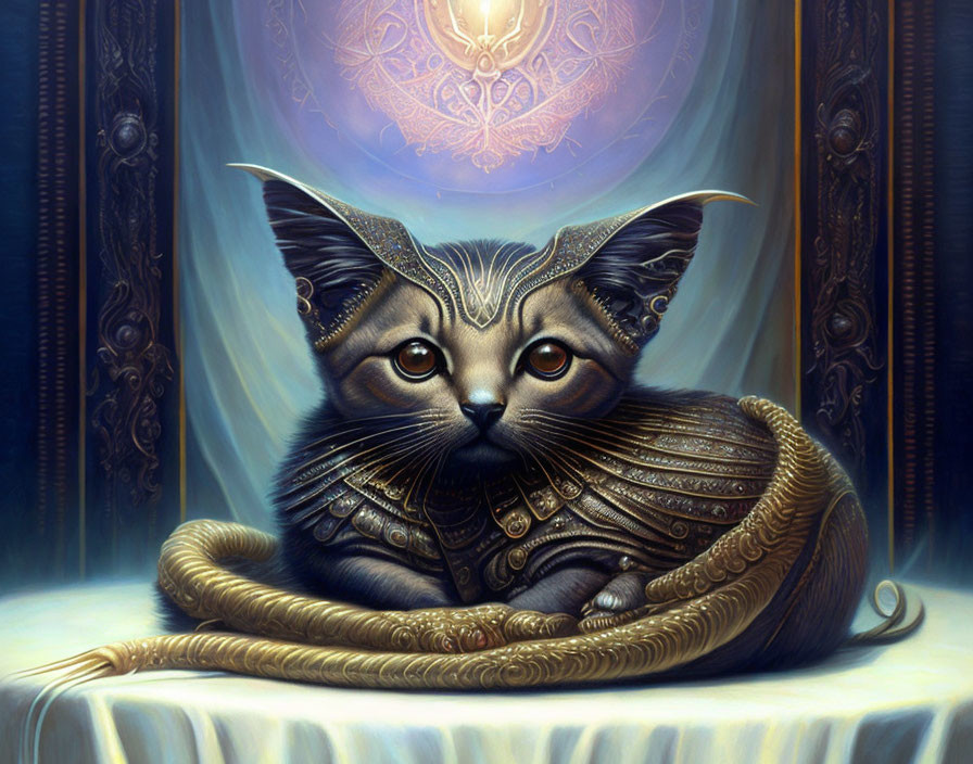Regal cat in golden armor with mystical symbols backdrop