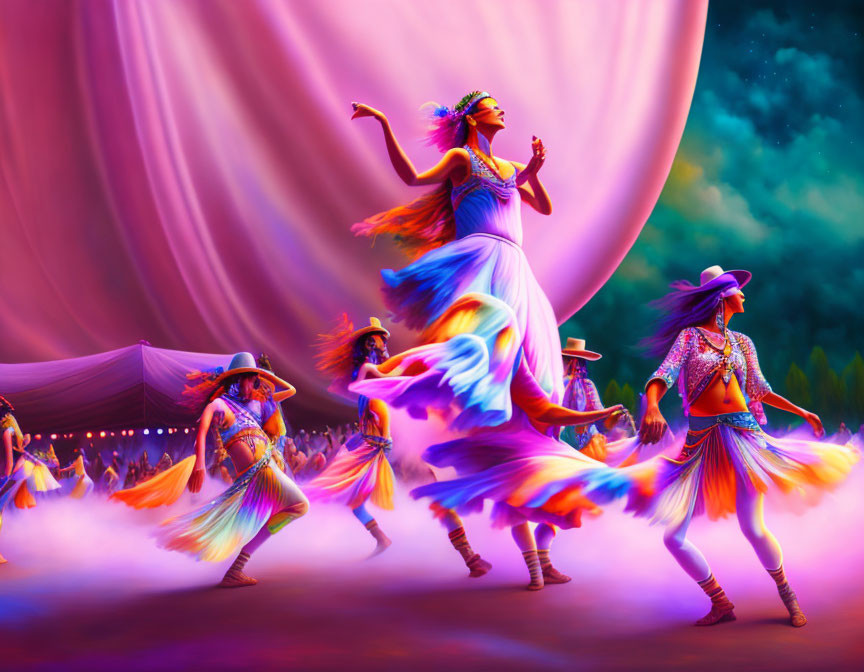 Colorful dancers in swirling motion under a purple sky