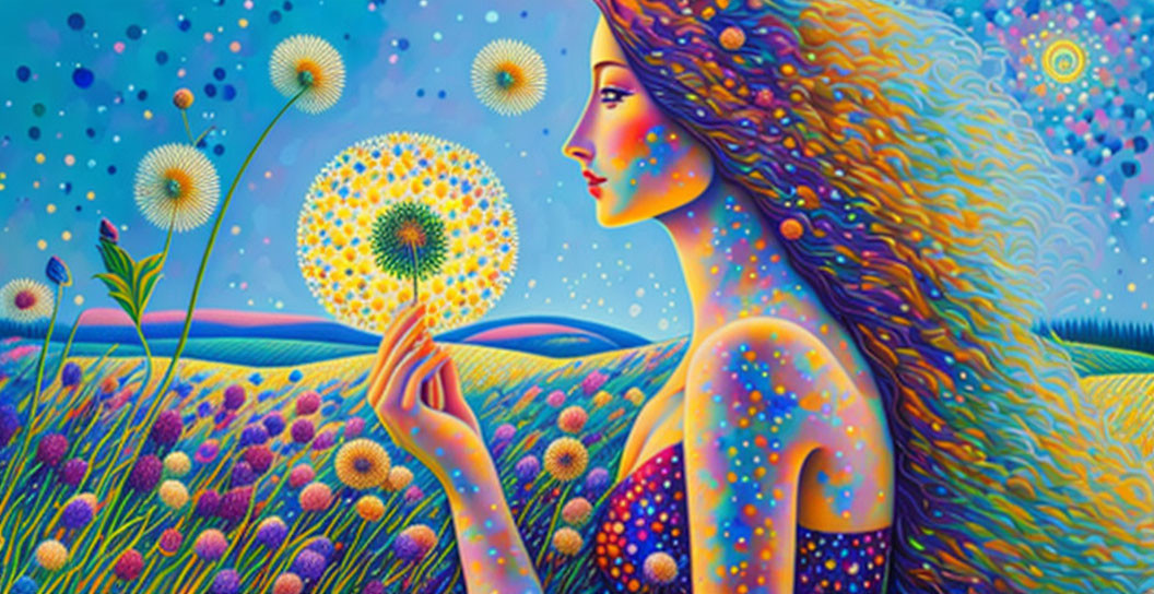 Colorful artwork: woman with dandelion in vibrant landscape