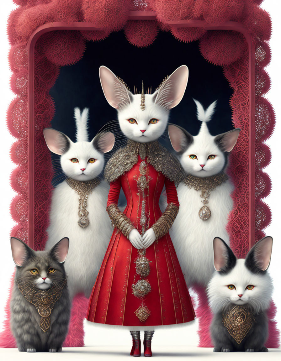 Anthropomorphic white cat in red dress with four smaller cats on gothic lace background