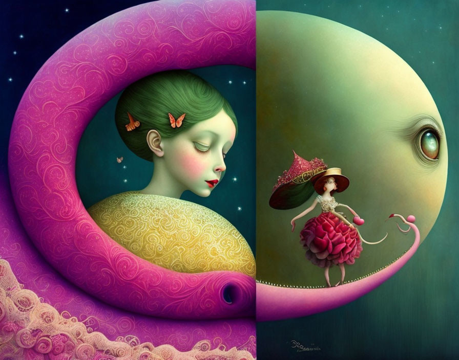 Surreal Artwork Featuring Woman's Face in Moon Curve and Girl with Umbrella on Creature's