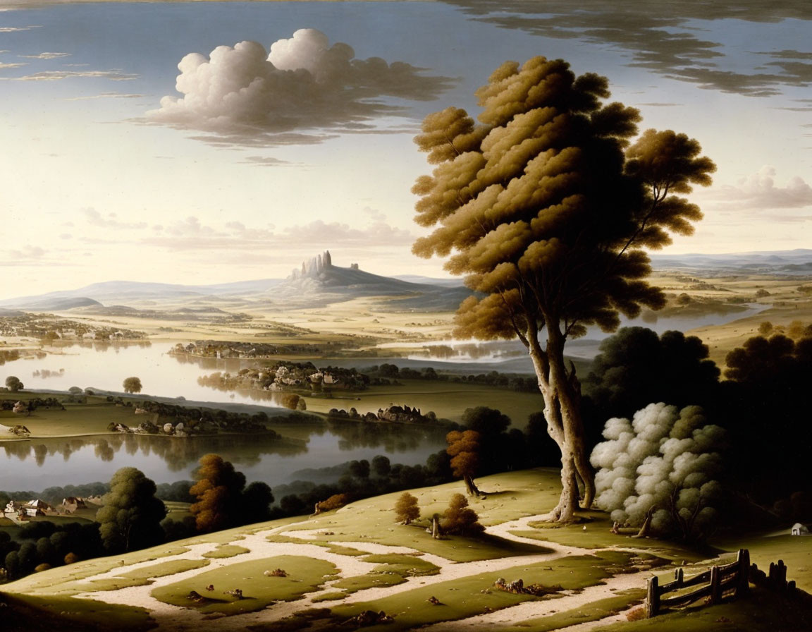 Tranquil landscape painting with tree, hills, river, cathedral, and cloudy sky