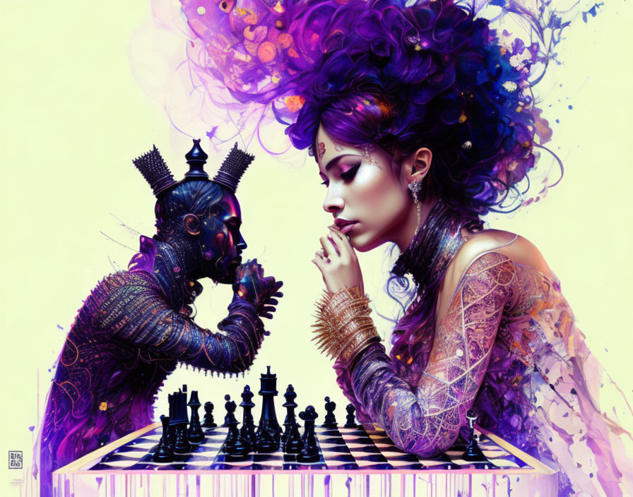 Intricate purple chess player and knight with vibrant smoke-like hair.