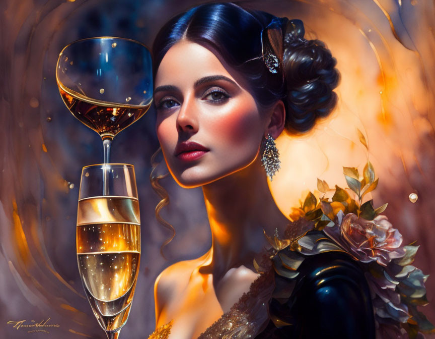 Sophisticated woman with updo and champagne flute in warm, floral setting