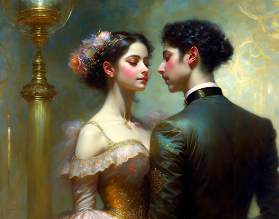 Romantic painting of man and woman in period attire sharing intimate moment