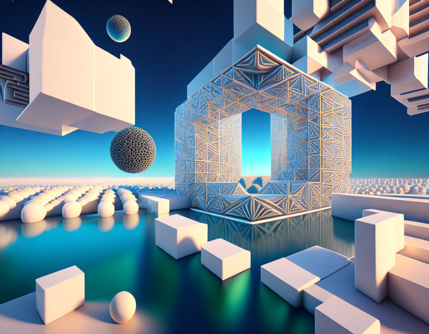 Surreal landscape with geometric shapes and floating cubes