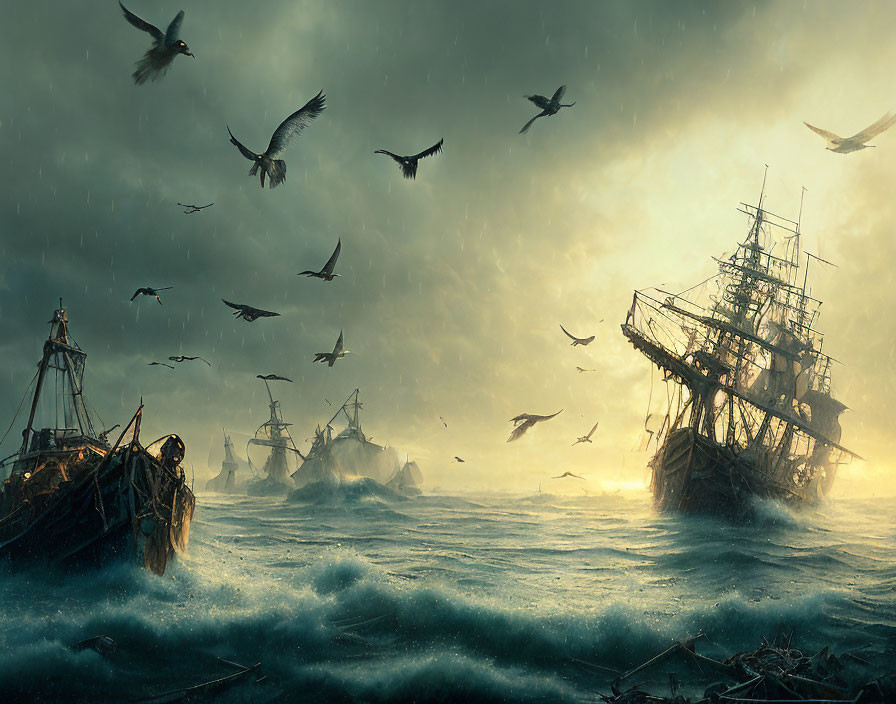 Stormy Seascape with Old Sailing Ships and Seagulls