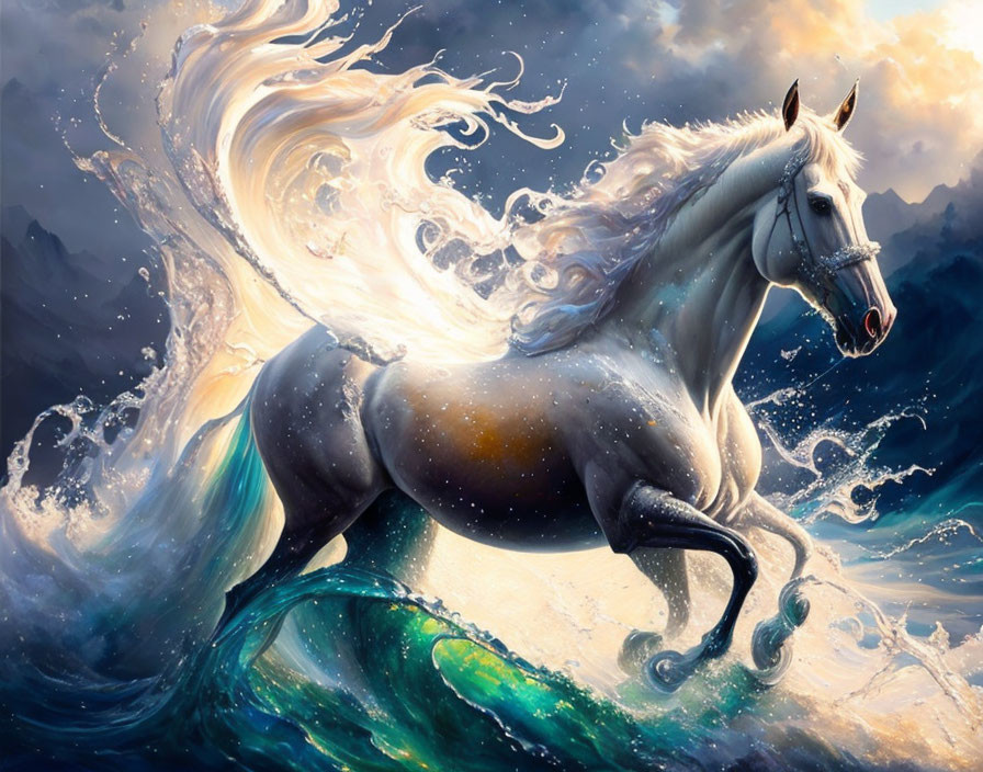 Majestic white horse galloping on water under dramatic sky