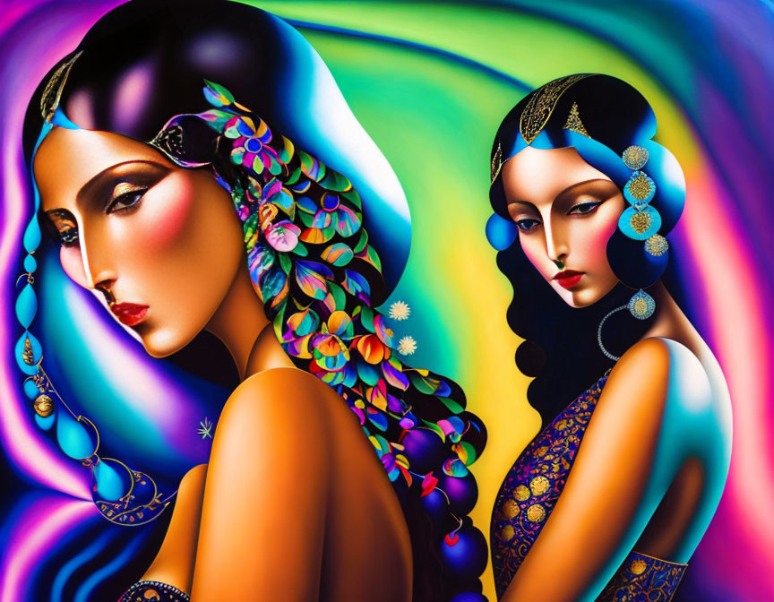 Vibrant illustration of two women with elaborate hairstyles and headdresses