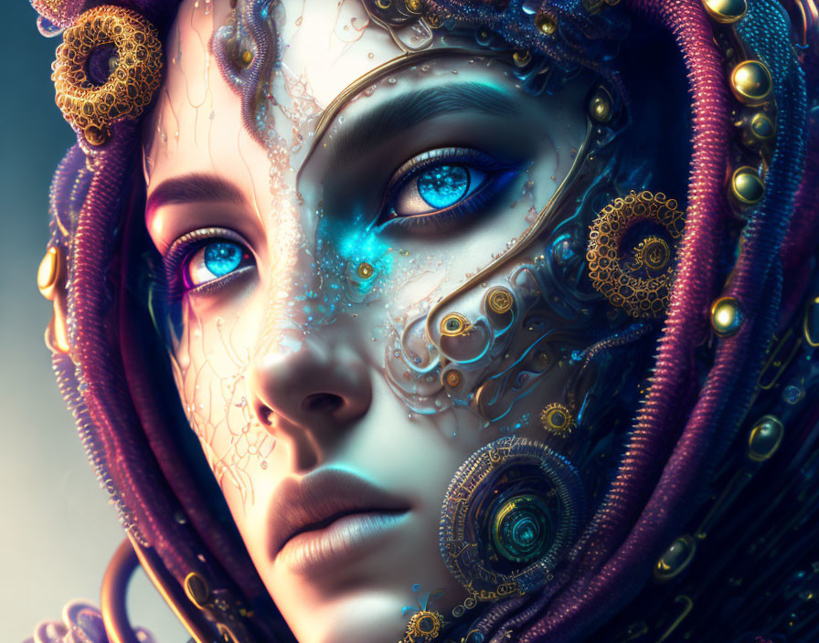 Close-up of woman with vibrant blue eyes and steampunk-style gears, glowing patterns, and purple