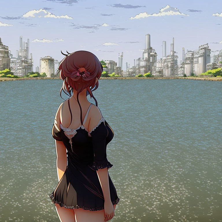 Red-haired character in black dress gazes at cityscape under cloudy sky